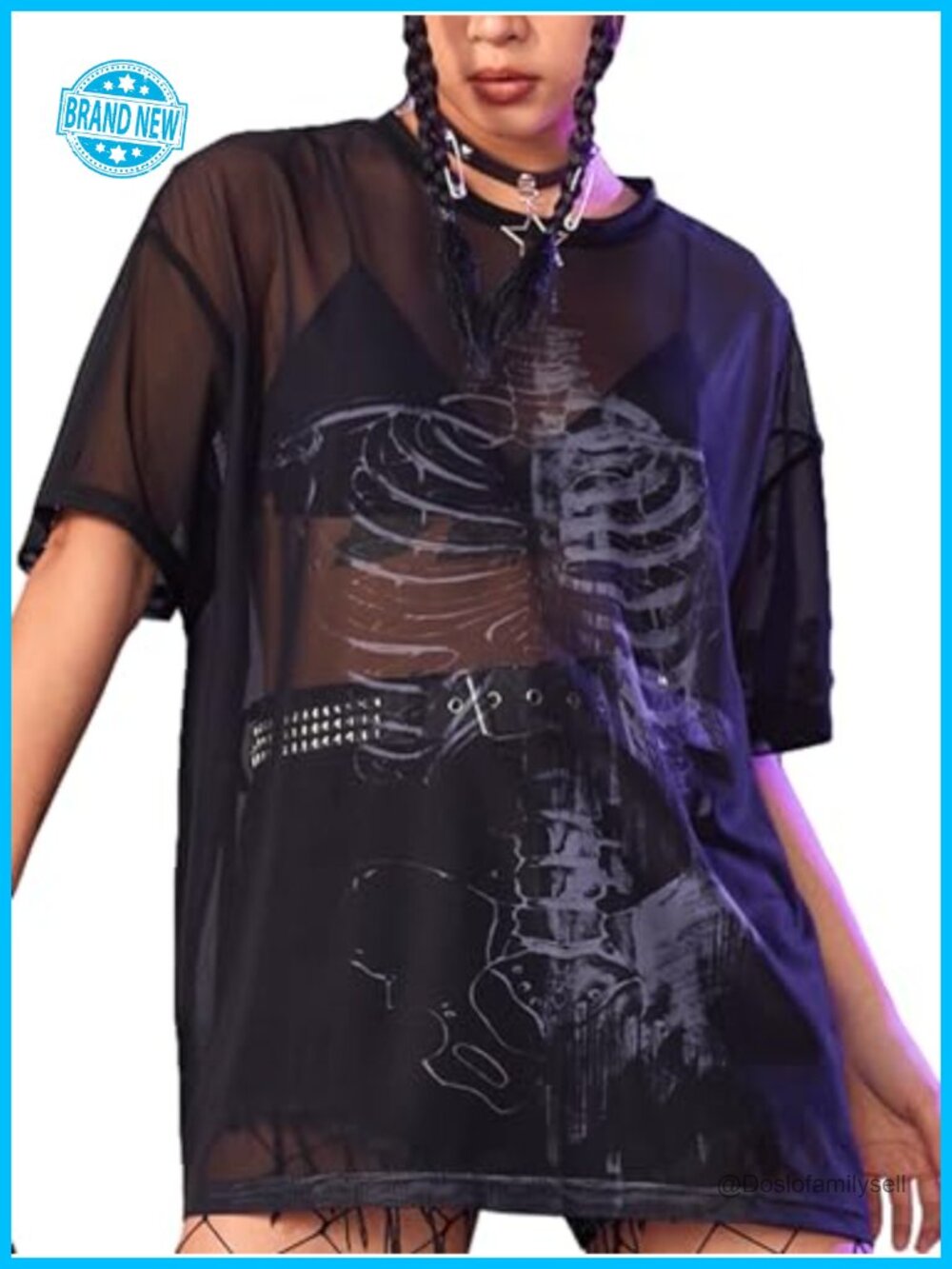 Sheer Mesh Skeleton Print T-Shirt Short Sleeve Rave Top